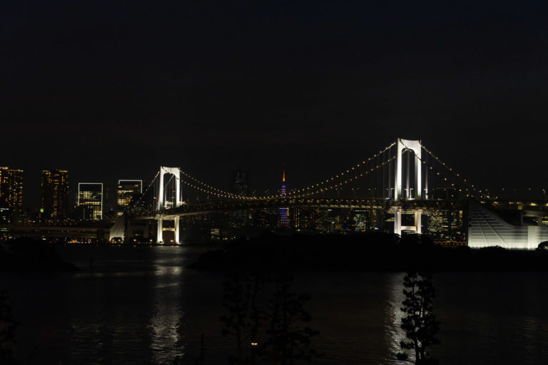 控えめなライトアップのレインボーブリッジとカラフルな東京タワー