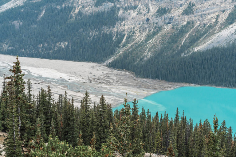 ペイトー湖のターコイズブルーと氷河の堆積デルタ